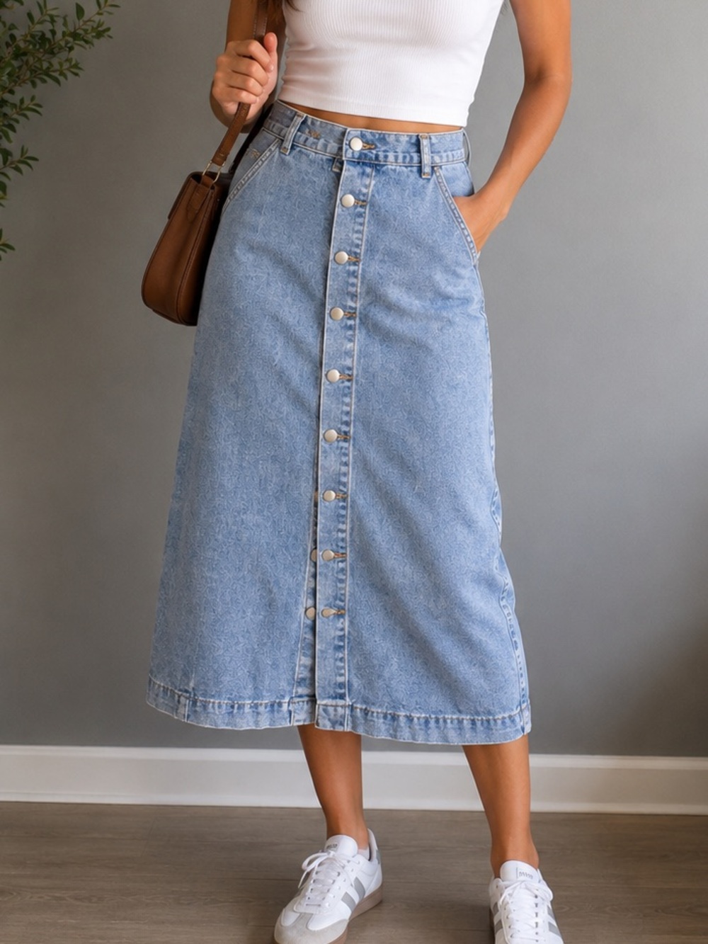 Dazy Light Wash Button Front Denim Midi Skirt Size M